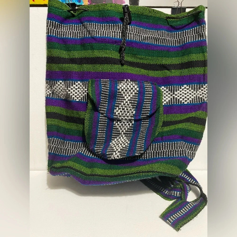 Mexico Beach Textile Hippie Baja Tote Backpack Bag Blanket Purse Purple Green - Picture 3 of 5